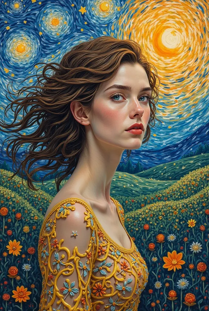 Create super realistic and colorful art of a woman in Van Gogh style