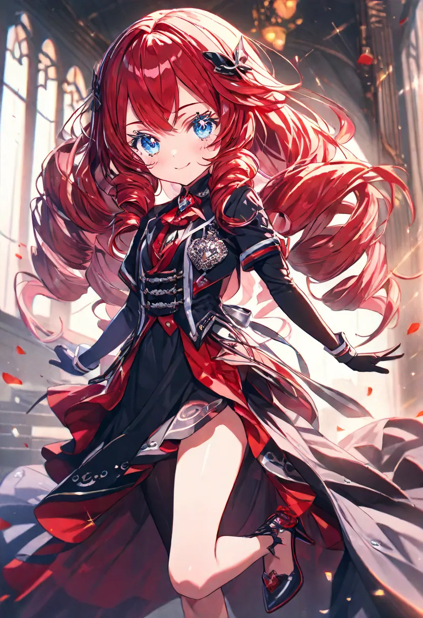 1 girle, Age 15, smile, long hair, drill hair, red Hair, Light Blue Eyes, Beautifully drawn lashes are long, full body, red gothic clothing, High Heels, Anime, Masterpiece, UHD, retina, masterpiece, accurate, anatomically correct, textured skin, super deta...