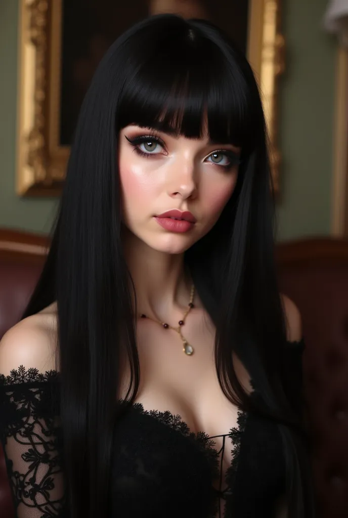 Create a realistic picture of anastazianour and merangl with sharp features with European features and she have white skin and grey eyes and long thick laches with doe almond eyes  and cheeks and long soft black straight hair with bangs wearing a Black dre...