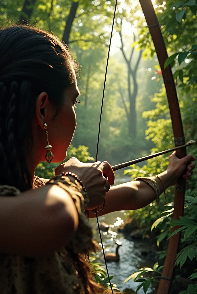 "First-person perspective of a Natchez Native American woman crouching behind thick foliage, holding a bow with an arrow nocked. Her fingers feel the tension of the string as she aims at a deer drinking from a stream. Sunlight filters through the dense can...