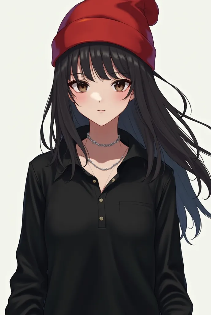 White anime girl wearing a red beanie hat with long black hair, a simple long sleeve black polo shirt without buttons and a simple silver chain, dark brown eyes 