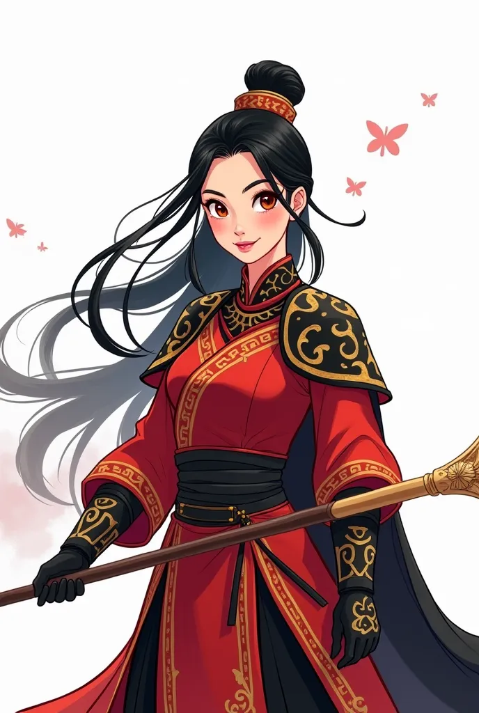  cartoon digital art illustration of Hua Mulan， the heroic image of the heroine Hua Mulan is outlined with delicate brushstrokes and rich colors。 Mulan is wearing a red and black ancient military uniform， the armor with golden cloud pattern border sets off...