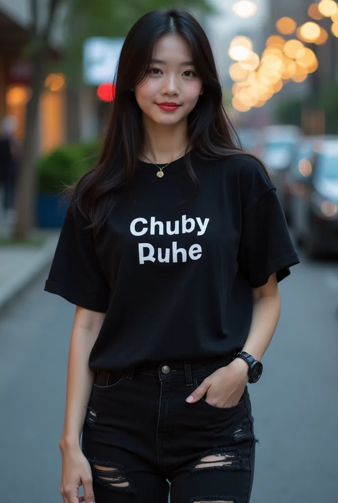 A beautiful young woman of Korean race chuby cheeks chubby body white clean smile thin long hair straight back , wear black T-shirt with matching writing pattern with black jeans with torn pattern wear watch , Wear Fulhd Sneakers High Ratio Aesthetic Twili...