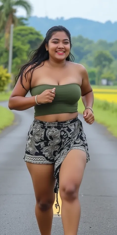 An adult Asian woman is running along a paved road. Her body is curvy, with naturally sagging breasts, thick and plump thighs, and her hair is wet and loose. She is wearing a green strapless top and a batik patterned skirt with a slit. The background shows...