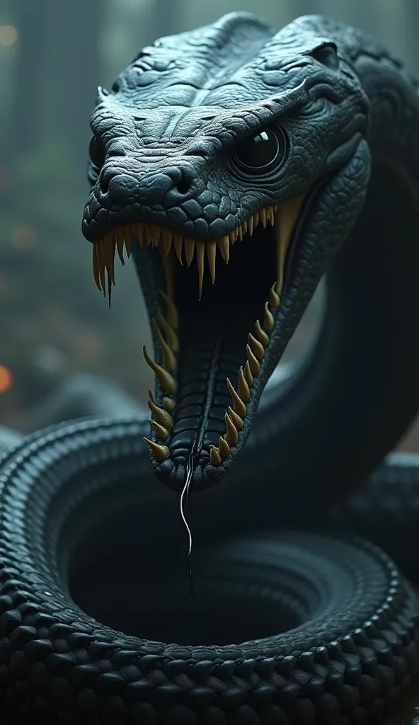 a monstrous, mutated king cobra, stretching over 30 feet long, its hood flaring wide with venom dripping from its fangs, its black, soulless eyes locked in a terrifying gaze, ultra-detailed, hyper-realistic, 8K, physically-based rendering, dark fantasy, ci...