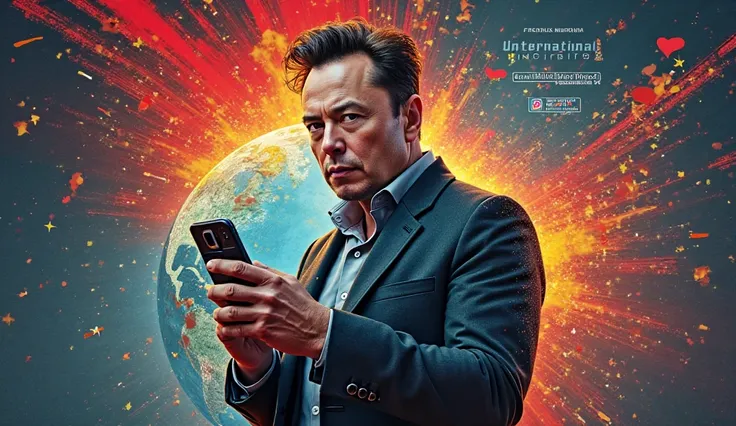 Create an impactful and provocative thumbnail for a YouTube video titled 'INTERNATIONAL EXPLOSION: Elon Musk Enters the War Against Xandão' . The thumbnail should capture the essence of the clash between technology, power, and politics, combining elements ...