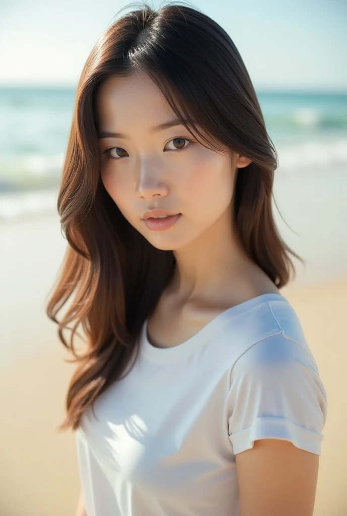 ((masterpiece)), ((Best Quality)), (portrait of a beautiful girl),(Best quality, High resolution, Masterpiece :1.3), A pretty woman, Slender figure, Dark brown hair, T-shirt, (Sandy beach with gentle waves), Highly detailed face and skin texture, Detailed ...