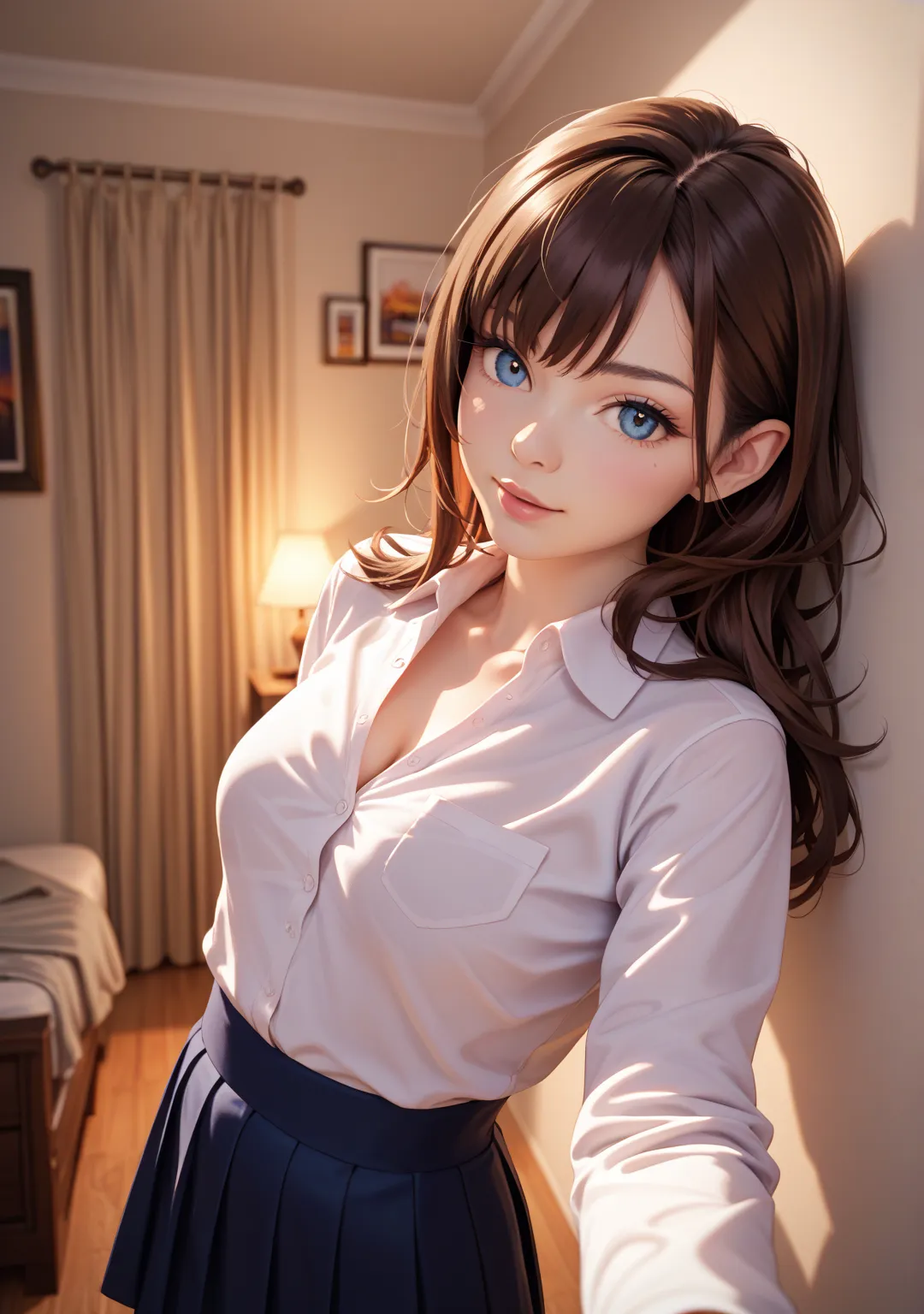 ,Selfie,nsfw,1 girl,short hair,straight hair ,brown hair,brown eyes,swept bangs,white shirt, dark blue skirt, dark blue blazer,night,,Selfie,,Alcohol,indoor, drunk, hotel ,bedroom,night景