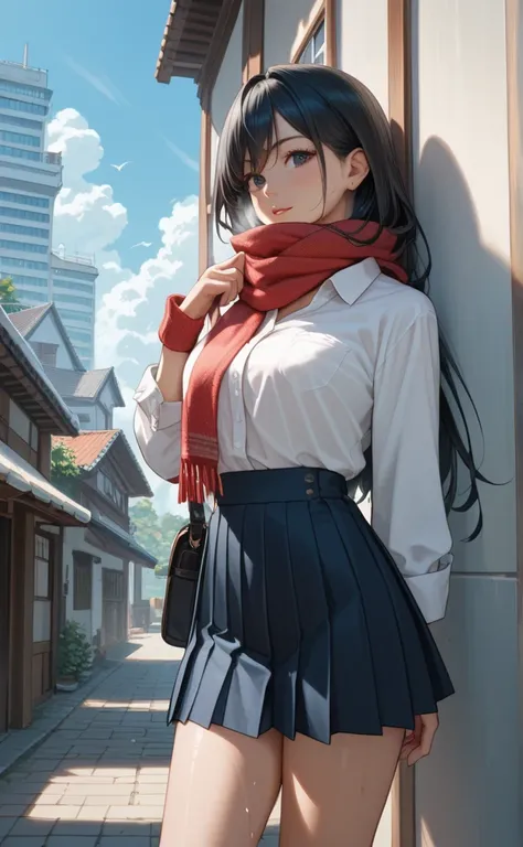 KJOmarin,  black hair,  long hair, black eyes, Score_9, Score_8_climb, Score_7_climb, Source_ Anime, great performance,best quality, Big Bust, Collared shirt, Long hem, Pleated skirt, sweat, cold front,With a scarf, White skin,  small waist ,Masterpiece, ส...