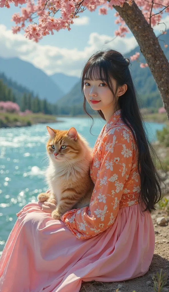   pretty Korean woman  ,   Smooth White Skin  ,    glowing face   ,  long hair black tassel bangs ,  combination of pink floral print orange shirt  ,  large pink skirt with pink dress ,   sits under a tree   , looking towards camera,  accompanied by oversi...