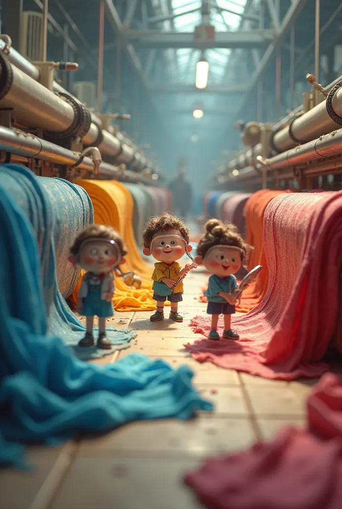 "A group of tiny cartoon-like figures inside a giant textile factory, inspecting colorful fabric rolls with magnifying glasses. They are excited as they select the perfect fabric for a T-shirt. The scene is vibrant and industrial with large weaving machine...