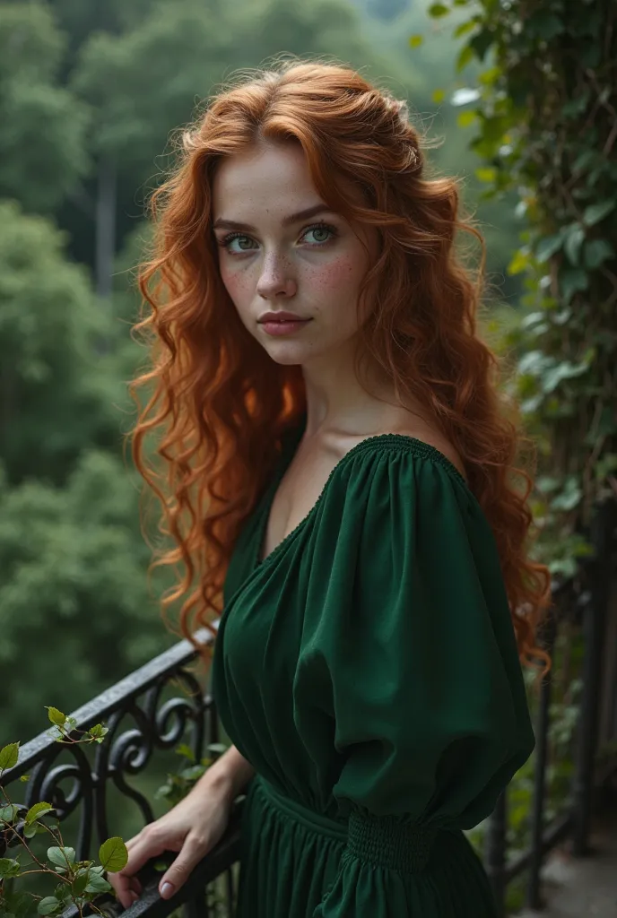 realisting. girl. Light Auburn hair, green eyes, freckles over her nose. A dimple on her right cheek. High cheekbones, full lips. Tall and slender. Soft curls. Royal green dress. Very beautiful. Strikingly so. Divine almost. night. balcony filled with ivy....