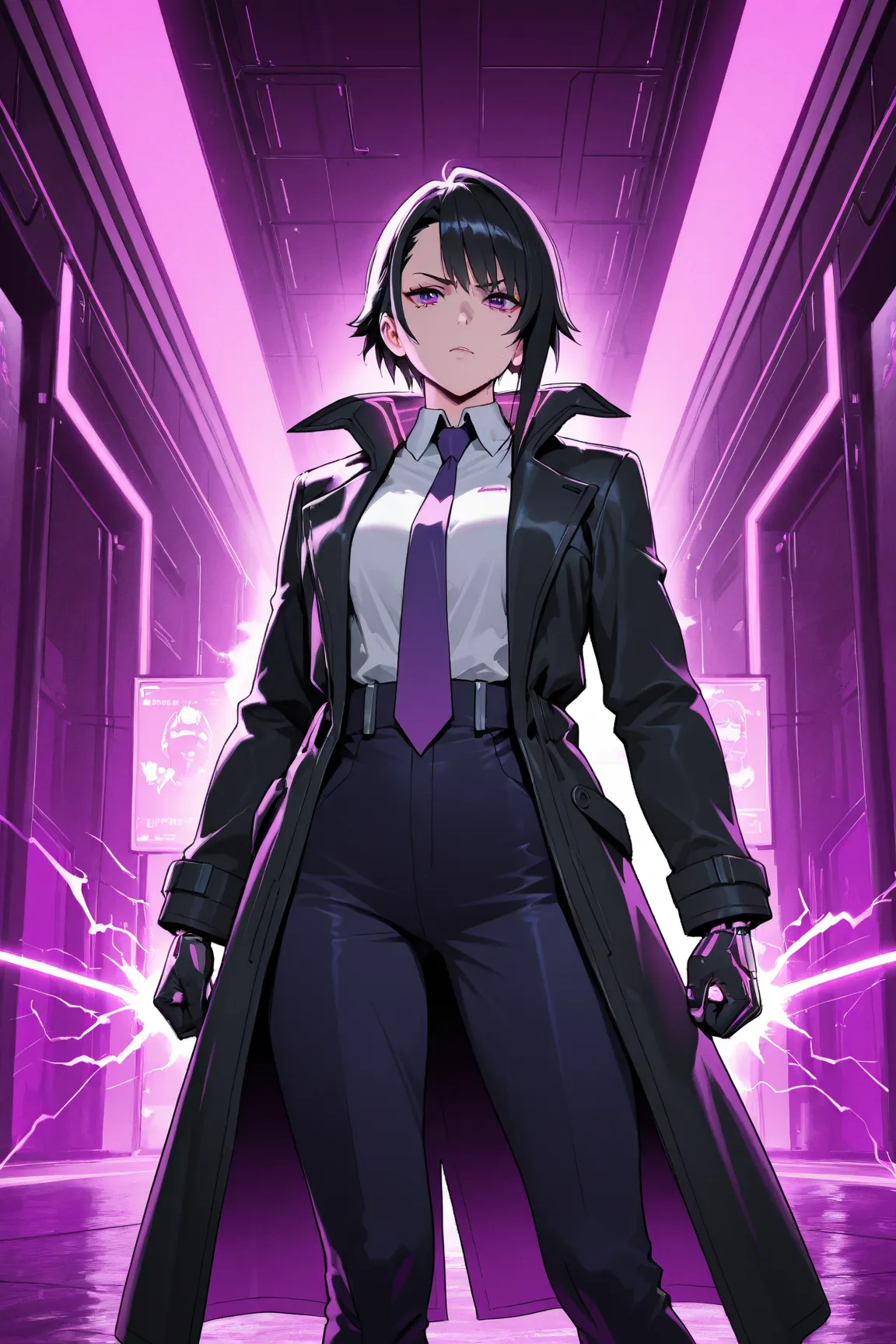 Cyberpunk, futuristic, Handsome man, dark and brooding, black trench coat, business suit, purple arcs of electricity coming from their suit, Purple neon lights, dark medium length black hair, stubble beard, bionic arms, organic body, organic legs,