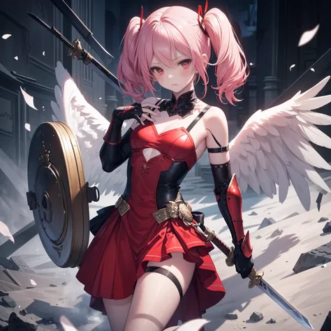 ((Angel girl with sword and shield)), High-quality, masterpiece, delicate hair, intricate eyes, high resolution, exceptional detail, photo-realistic, ((a single girl, full-body depiction, cute girl, beautiful girl, long pink hair, twin-tails, red eyes, ang...