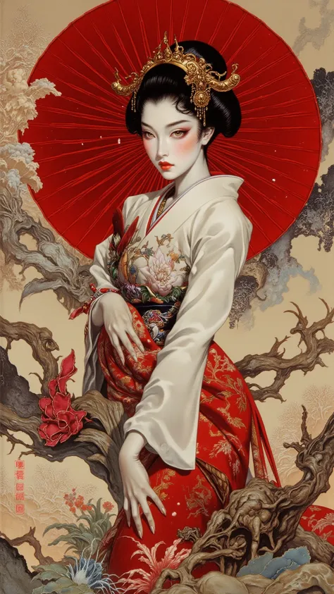 beautiful wallpaper images of Japanese geishas, Joel Robinson's style, light white and dark red, Classical figurative realism, anime style， Oliver Singer, ZBrush Center, Renaissance, Ansolo's masterpiece, super detailed fantasy character, high accuracy , f...