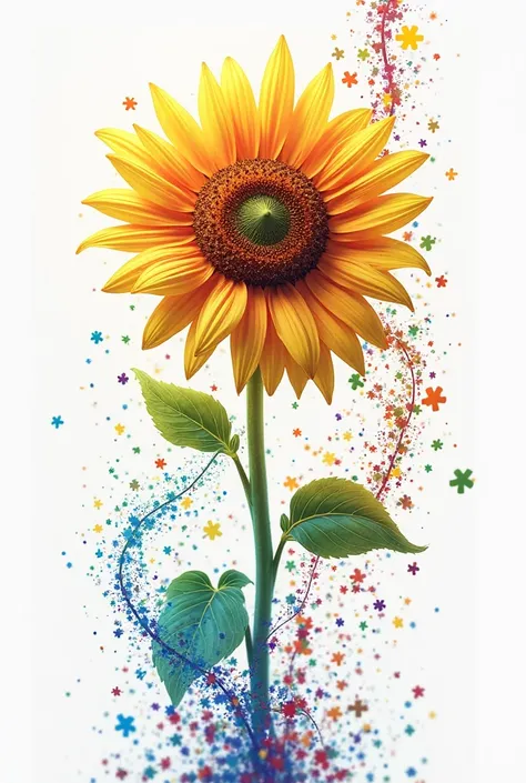 Create the striking image of a sunflower with colorful petals in vibrant colors unraveling,  With a completely white background and surrounded by musical notes and colorful puzzle pieces