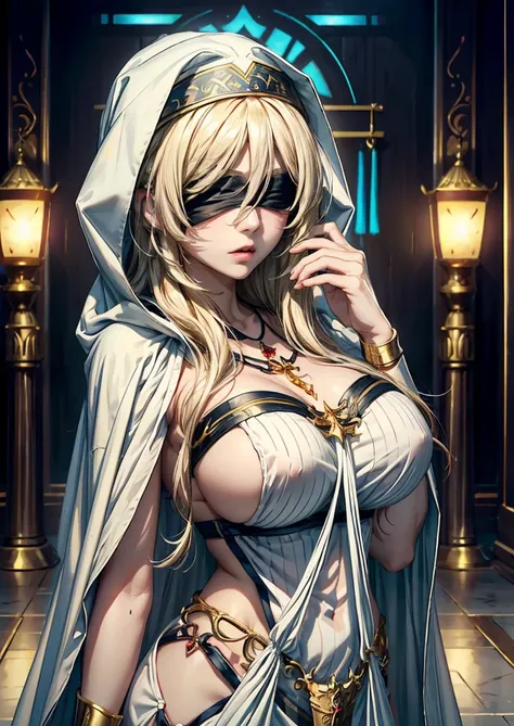 (걸작,  Premium , top quality,  official art ,  beautiful and aesthetic :1.2),Full Body, 1 female, priestess,  long light blond hair , Messy Hair, (and a black blindfold:1.3), big boobs,  severed, (Wear a white revealing gown, Gold trim), (White hood :1.2), ...