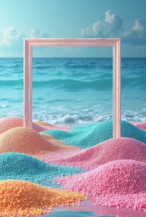 please draw me a picture from multi-colored sands closed in a photo frame on the theme of the sea 