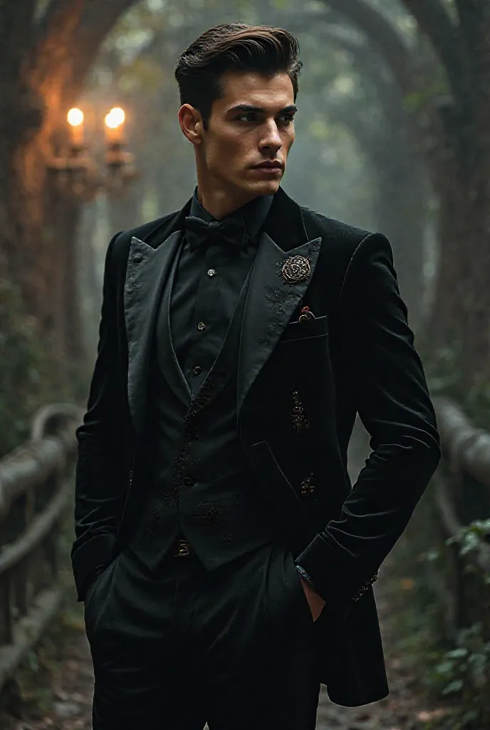 Prom outfit for men full black with the theme of enchanted 