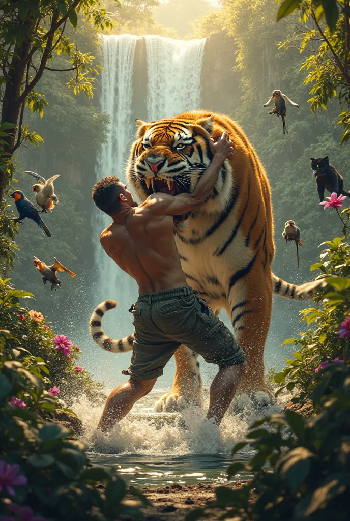 
"A heart-pounding, cinematic scene of a man locked in a fierce, primal struggle with a powerful, roaring tiger in the heart of a dense, untamed jungle. The man, muscular and determined, wears tattered clothing, his face etched with grit and survival insti...