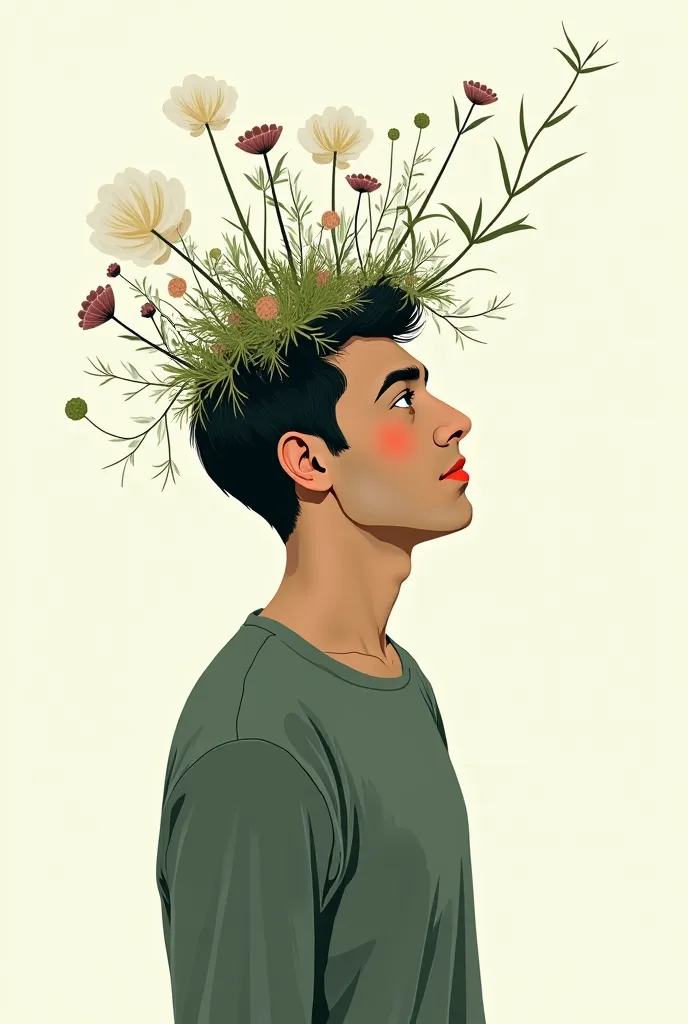 Generate a picture of a man questioning himself about plant, (I want it so that the plants are flyjng on his head)