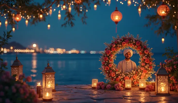   The sea can be decorated with Ramadan decorations and Ramadan lanterns. In the flowers, the design is spoken of Ali at night without humans without anyone at night  