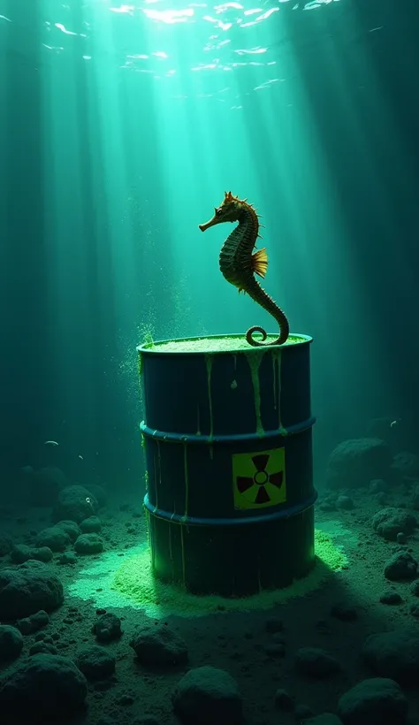 A seahorse swimming on the rim of a leaking radioactive barrel deep underwater. The barrel has a hazardous radiation symbol on it, and glowing green liquid is spilling into the dark ocean depths. The scene is highly detailed, realistic, and atmospheric, wi...