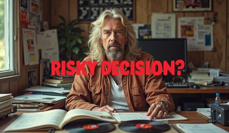 A powerful split-image composition showing Richard Branson’s transformation from risk-taker to billionaire visionary. On the left side, a young Branson in the 1980s, dressed casually with long hair and a determined expression, sits in a cluttered office fi...