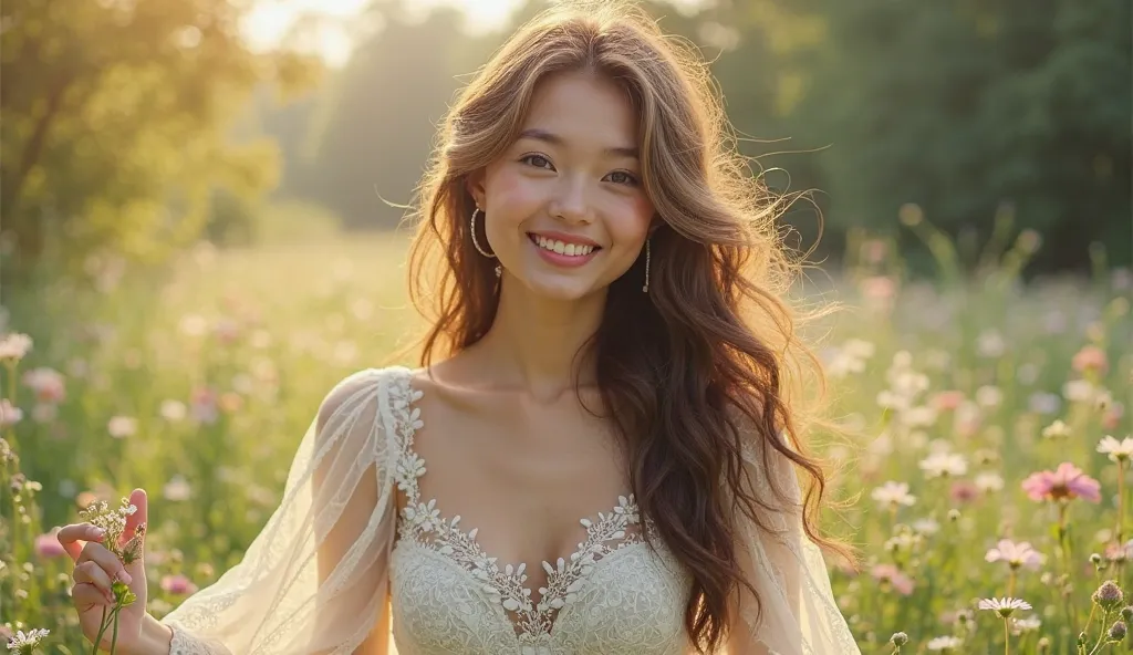 A beautiful girl with wavy long hair is happy.
In a blooming meadow. The pink sleeve runs and the decalte is closed
The girl is alive. Lace dress
The chest is not visible The dress covers