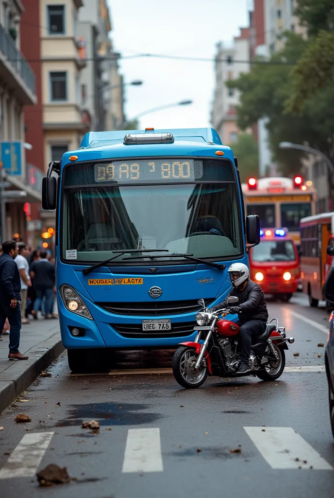 Traffic accident between a blue bus that is in Quito Ecuador the bus has an accident with a motorcycle 