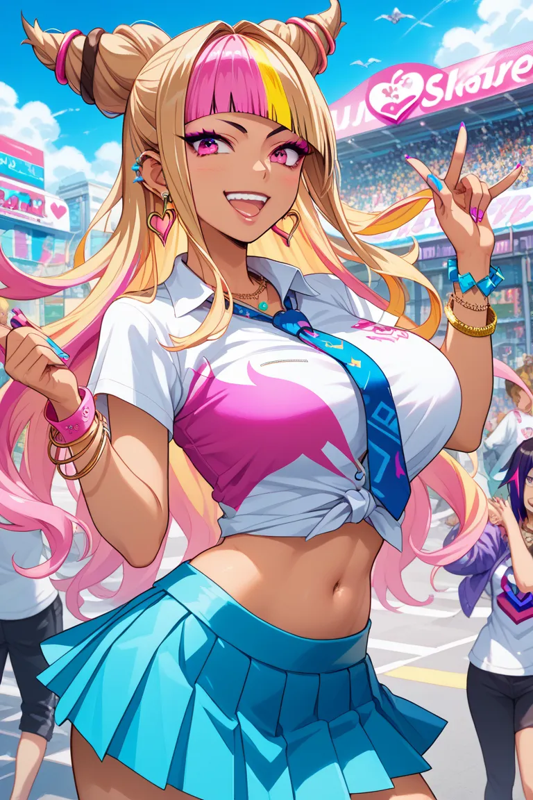 KJOmarin, blond hair, long hair, pink eyes, earrings,  ear piercing, colorful hair, score_9, score_8_up, score_7_up,  source_anime, masterpiece,best quality, Big Breasts, color shirt, shirt with tie, pleated skirt, Flashy修正, happy, Flashy,Too Many Accessor...