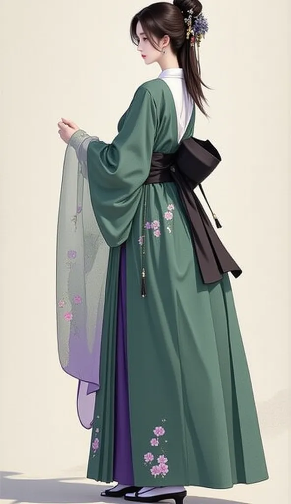 A asian woman in a green and purple kosode, 1girl, solo, short sleeves, standing, full body, japanese clothes, wide sleeves, black sash,  floral print, tabi, haori, 