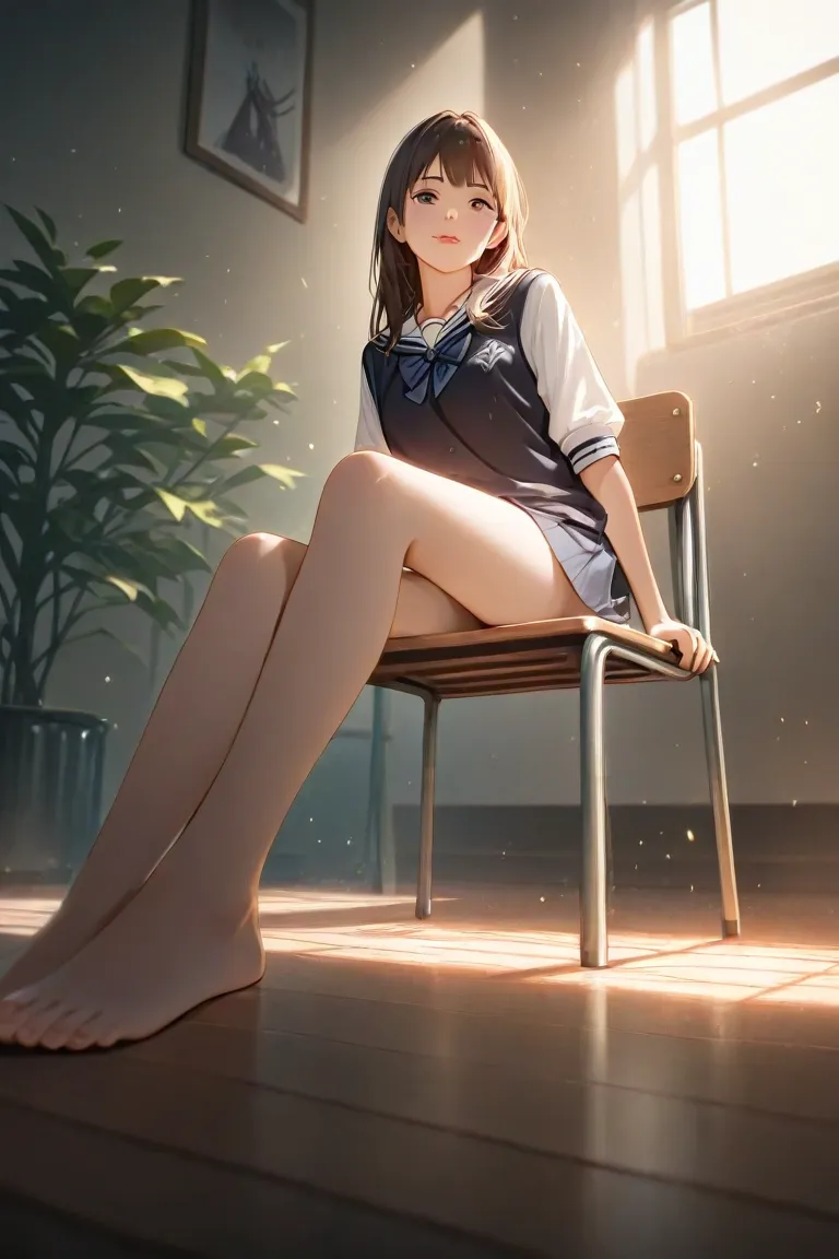 high quality、Top Quality、anime style、one girl、student、 skinny style、sitting on a chair、The camera shows a girl's legs、