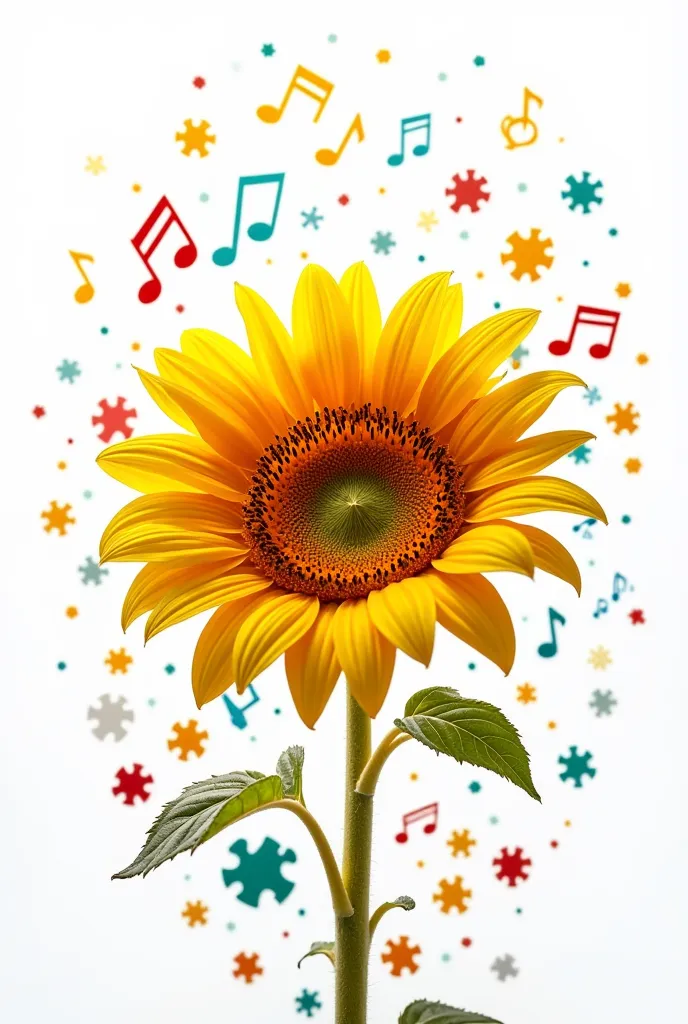 Create the striking image of the sunflower flower with its colorful petals in vibrant colors unraveling,  With a completely white background and surrounded by musical notes and colorful puzzle pieces