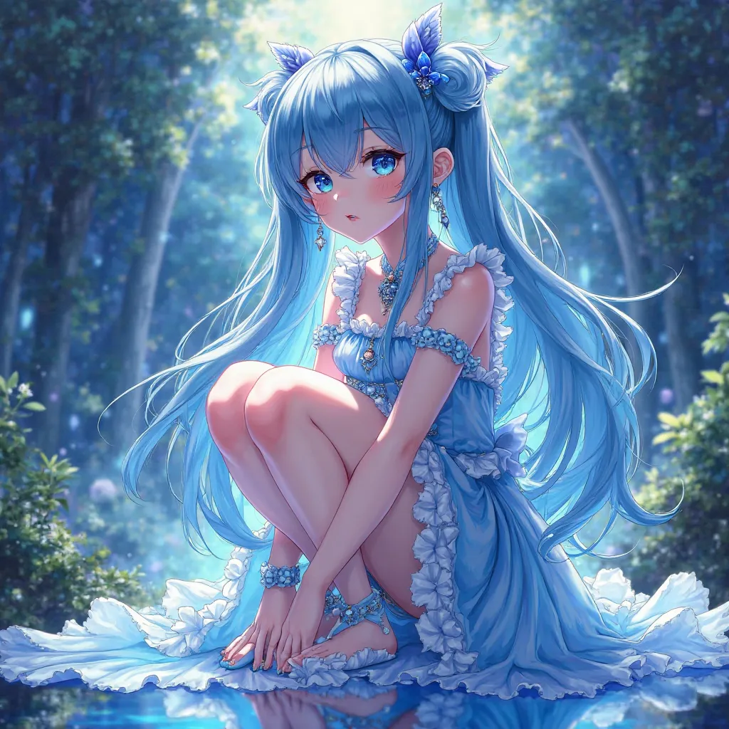 Please create an illustration based on the following characteristics。
・AI anime-style illustration
・Delicately depicted beautiful girl characters
・Design incorporating fantasy elements
・Dress incorporating gorgeous frills
・Brightly colored and gradated hai...