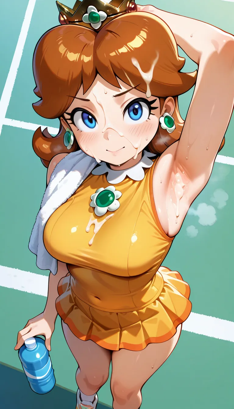 2d, 1girl, princess_daisy, daisy, blue eyes, daisies, tiara, blue eyes, brown hair, earrings, (sleeveless, bar shoulder:1.2), orange camisole, mini skirt, jewelry, thighs, tennis, wear, white socks, sneaker, sweat, looking at viewer, 
masterpiece,best qual...