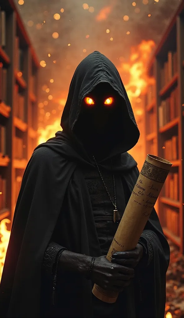 A shadowy figure in a hooded cloak standing before the burning library, holding an unrolled scroll. Their face is hidden, leaving their identity a mystery. The flames reflect in their eyes, suggesting a secret motive behind the destruction.