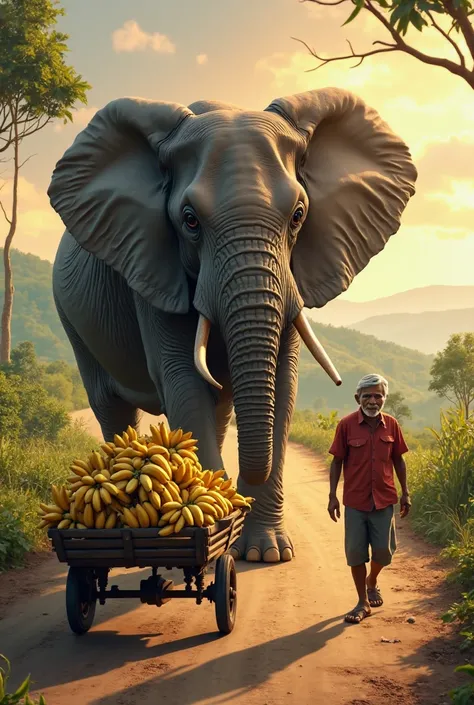 Then a old farmer goes on this road carrying a lot of bananas on a cart. And on the way he meets an elephant. 