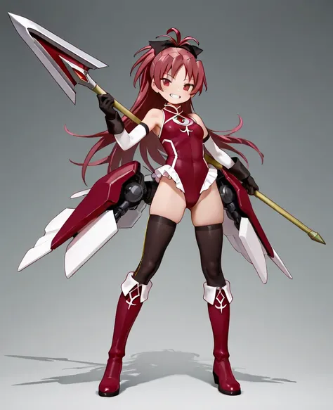 sakura kyoko, 1girl, solo, long hair, looking at viewer, smile, gloves, red eyes, bare shoulders, standing, full body, ponytail, red hair, boots, alternate costume, black thighhighs, holding weapon, grin, leotard, magical girl, red footwear, adapted costum...