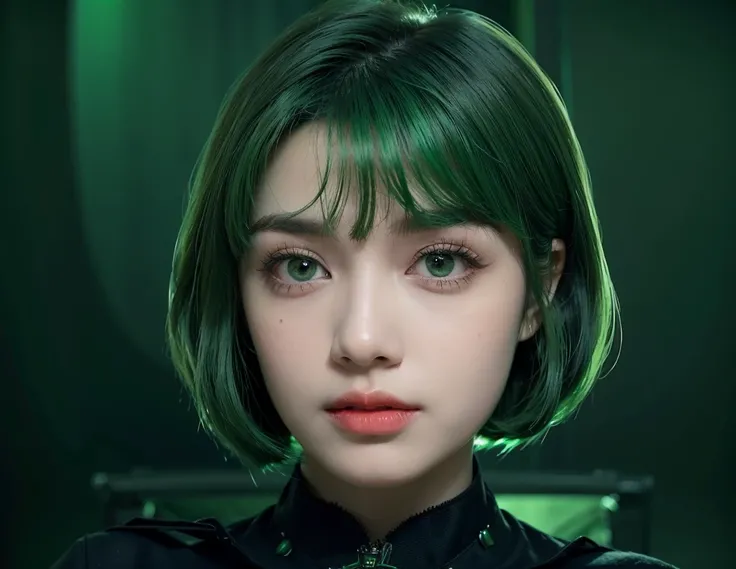 a close up of a woman with green hair and a black shirt, short green hair, short green bobcut, dark green hair, green hair, short unkempt green hair, green and black hair, bright green hair, emerald coloured eyes, oversized emerald eyes, green highlights, ...