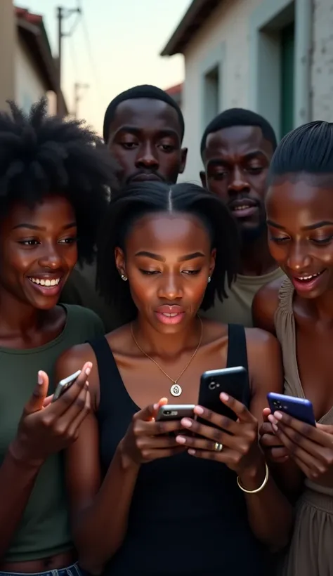 A hyper-realistic 4K scene of a group of Black people standing close together, each holding a smartphone, their faces frozen in shock and disbelief as they stare at their screens. Eyes widened, mouths slightly open, brows raised high in pure surprise, as i...