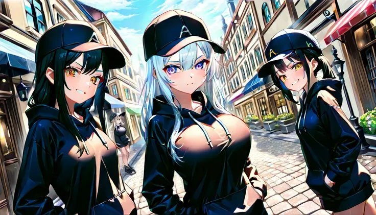 (( masterpiece , Top Quality , dynamic angle ))、((( 3 girls , a simple design Black hoodie , a simple design black cap , big breasts , small breasts , grin , smile , serious )))、( detailed face , Edo , streets, cobblestone lanes )