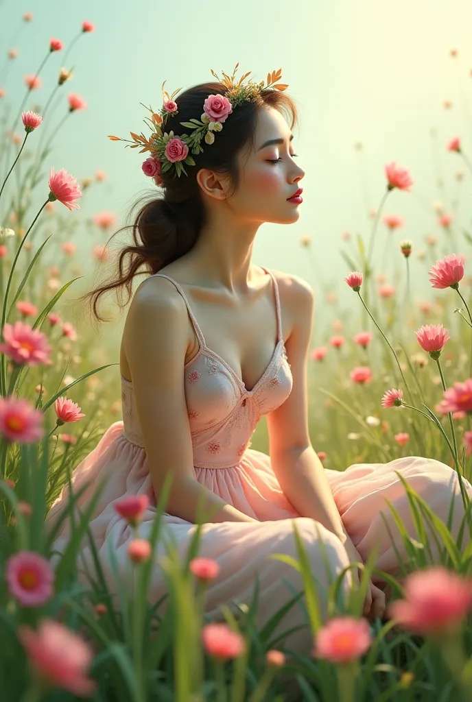 Ballerina sitting on flower field with loose hair and flowers in her hair