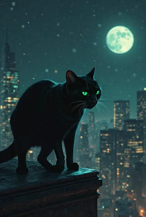 Now make a black cat with green eyes He let out a small huff and backed away from the edge of a building and it's night 