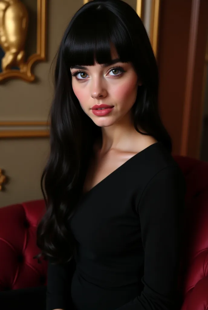 Create a realistic picture of anastazianour  and merangl and Lisa features with European Russian features and she have white skin and grey eyes and long thick laches with doe almond eyes and long soft black straight hair with bangs wearing a Black dress fr...