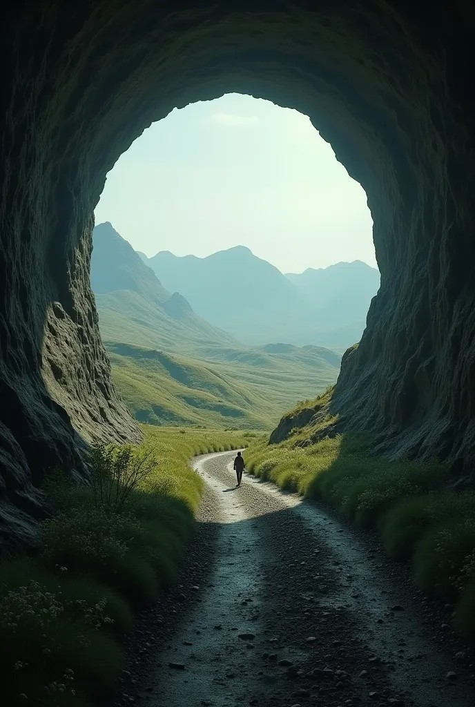 I want a video where the camera is focusing on a landscape and then it enters a tunnel, And he comes out seeing another landscape