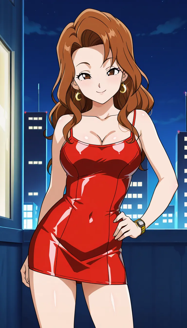 anime screencap, masterpiece, best quality, amazing quality, very aesthetic, absurdres,  newest, 
valese, official style, 1girl, solo, brown hair, wavy hair, long hair, brown eyes, earrings, cleavage, wristwatch, upper body, looking at viewer, bare shoulde...