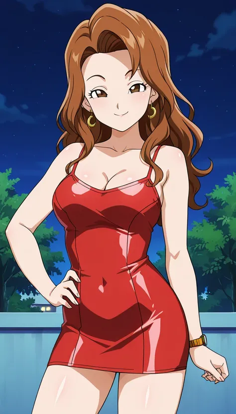 anime screencap, masterpiece, best quality, amazing quality, very aesthetic, absurdres,  newest, 
valese, official style, 1girl, solo, brown hair, wavy hair, long hair, brown eyes, earrings, cleavage, wristwatch, upper body, looking at viewer, bare shoulde...