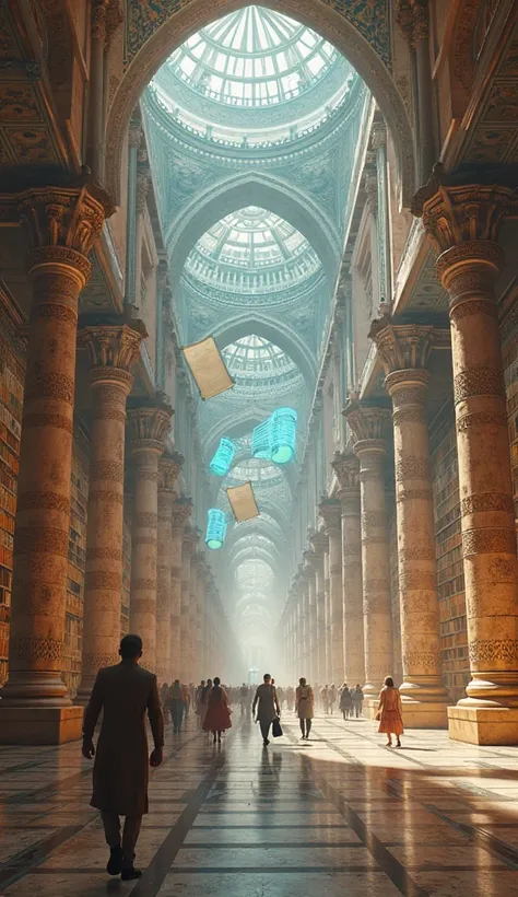 A futuristic contrast—an alternate timeline where the Library of Alexandria survived. A grand modern city with advanced technology, blending ancient Greek and futuristic architecture. People walk through vast digital libraries, holographic scrolls floating...