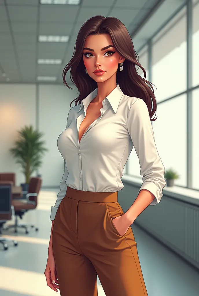 Make a ai that’s like a cartoon that will generate a young woman in corporate whose a lady boss wearing a white and brown outfit 